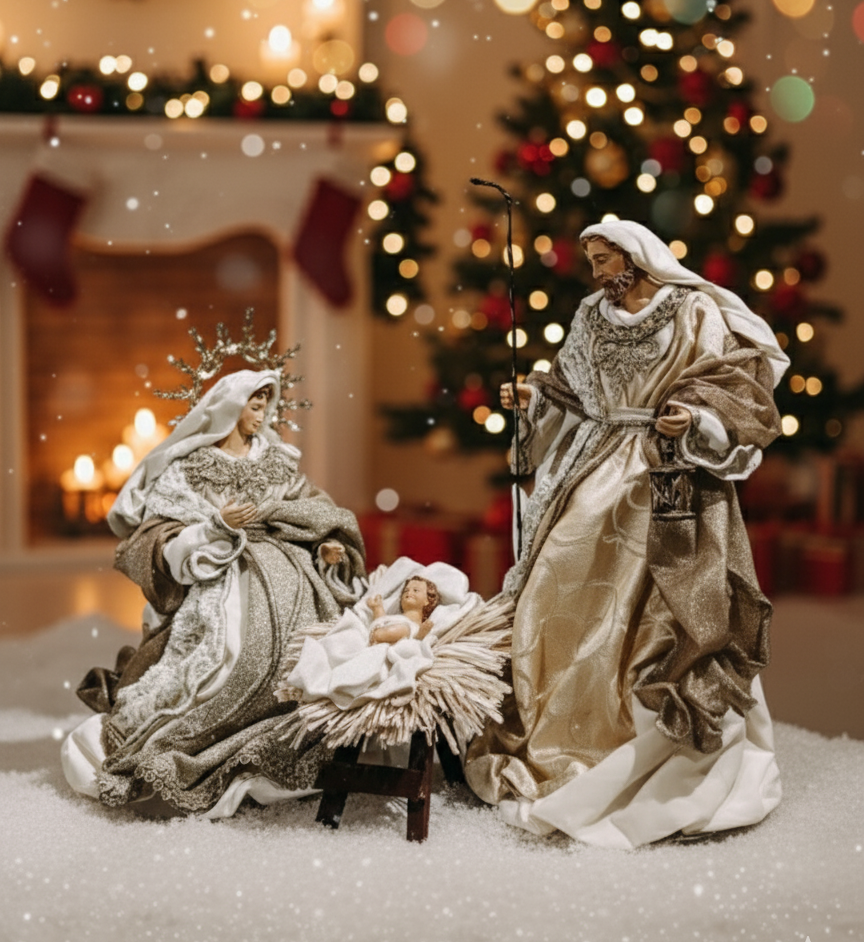 Holy Family Nativity Scene Set, Christmas Nativity Figurines, Mary Joseph Baby Jesus Decor, Gold Holiday Table Display, Religious Gift